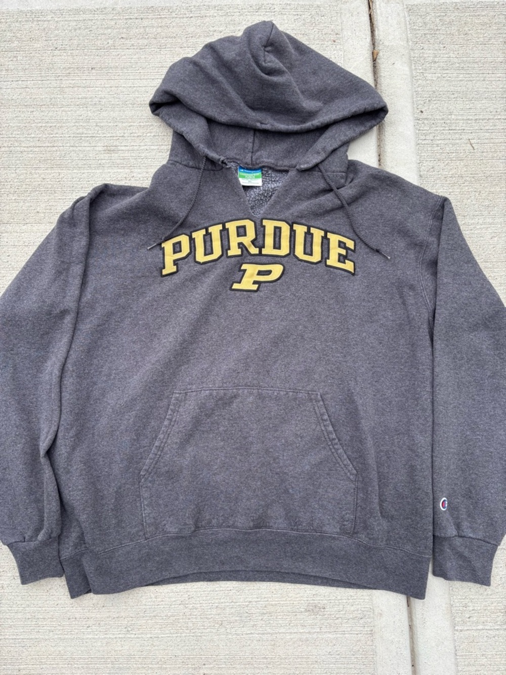 Champion Gray Purdue Crewneck Hoodie with Gold Lettering